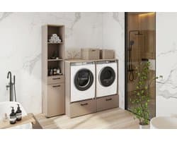 Trendmeubel - Wasmachine droger ombouw en kast met wasmand- 132 cm - Beige — afbeelding 1