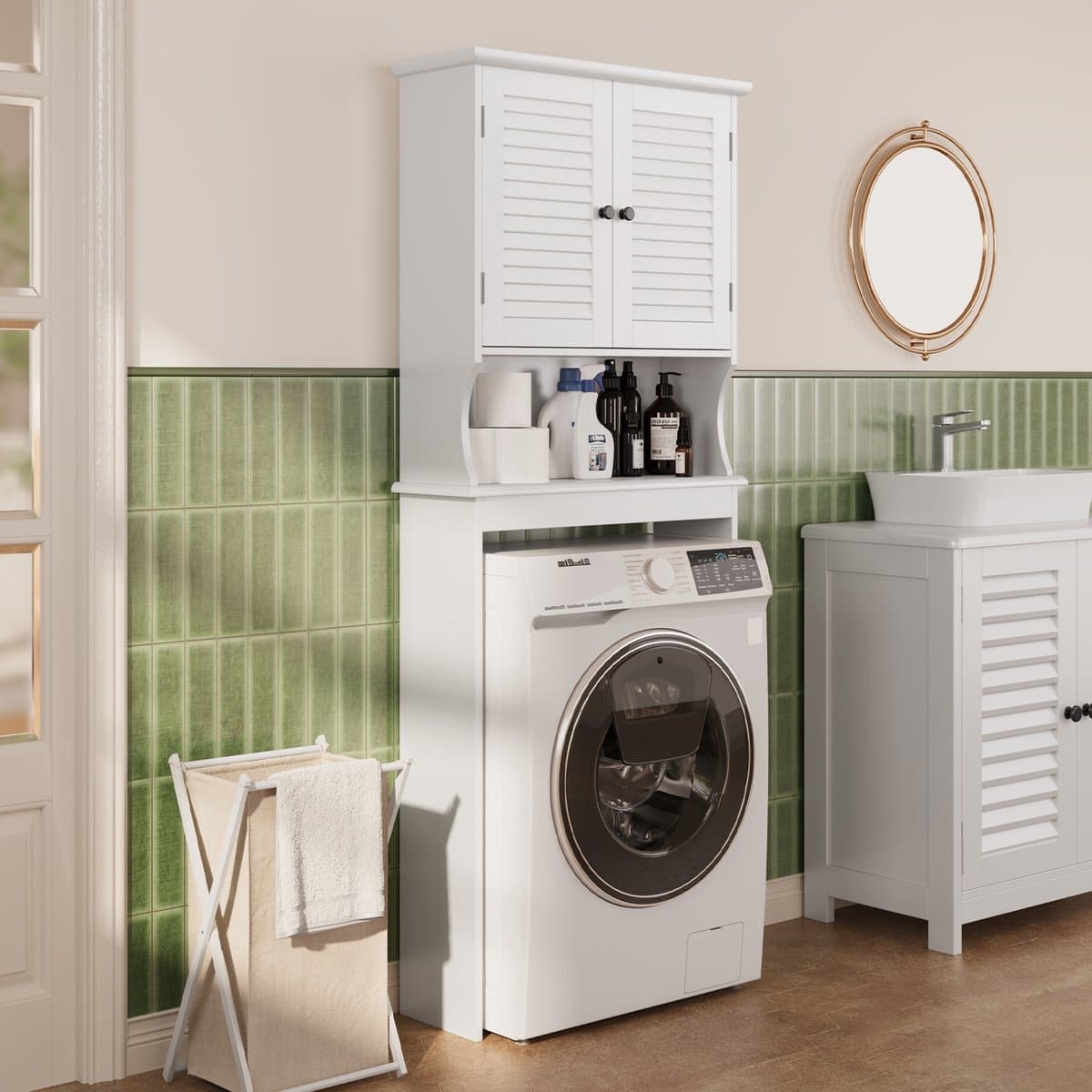 Xbro Wasmachine Kast met 2 Deuren – Badkamerkast met Verstelbare Planken – Voor Badkamer of Wasruimte – 65 x 22 x 163.5 cm – Wit — afbeelding 1