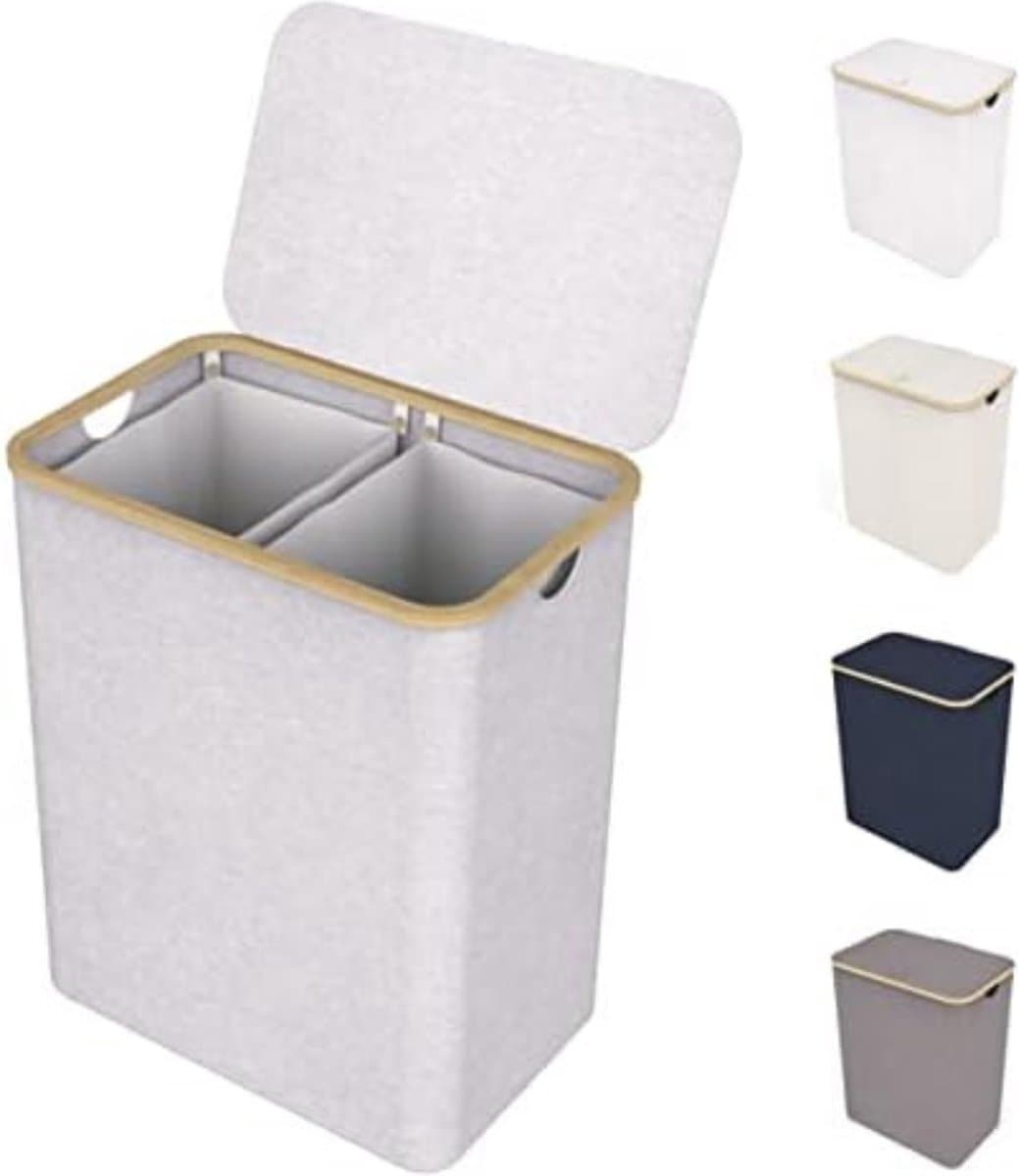 Dubbele wasmand met deksel en afneembare waszakken - XXL 150 L - Beige - 2 secties - Wassorteerder met 2 compartimenten - Bamboe — afbeelding 1