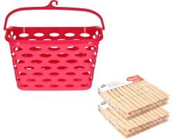Wasknijpers ophangmandje met haak - fuchsia - en 96x houten wasknijpers van Sorbo - was ophangen — afbeelding 1