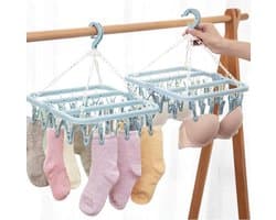 Hangend droogrek met 32 knijpers — Veelzijdig rek voor sokken, ondergoed en kleine kledingstukken — Hoog draagvermogen, draaibare haak, stevige grip — Opvouwbaar, draagbaar en ruimtebesparend — 32 x 32 x 35 cm