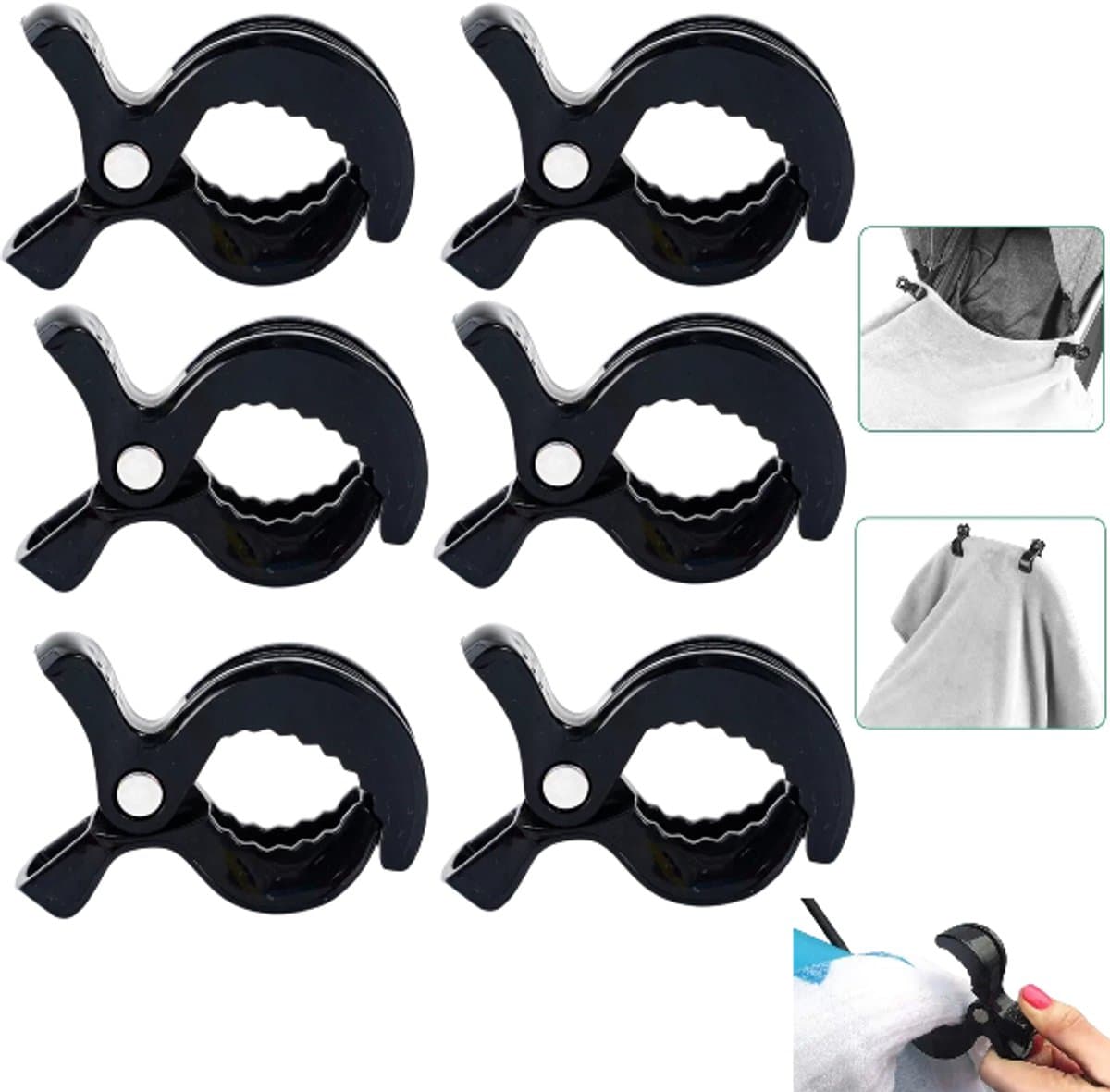 6 stuks - Kinderwagenclips - Universele kinderwagenclips - Dekenclips - Gespen voor kinderwagenclips - Winddichte clips - Winddichte kinderwagenclips - Zwart - 73*51*25 mm - Houdt dekens, speelgoed, handdoeken en andere spullen veilig vast — afbeelding 1