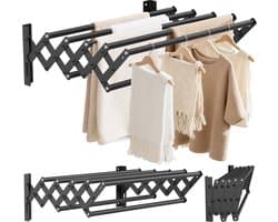 Uittrekbaar Wanddroogrek RVS - 42-80cm - 7 Droogstangen - Draagkracht 25kg - Voor Balkon, Badkamer & Wasruimte
