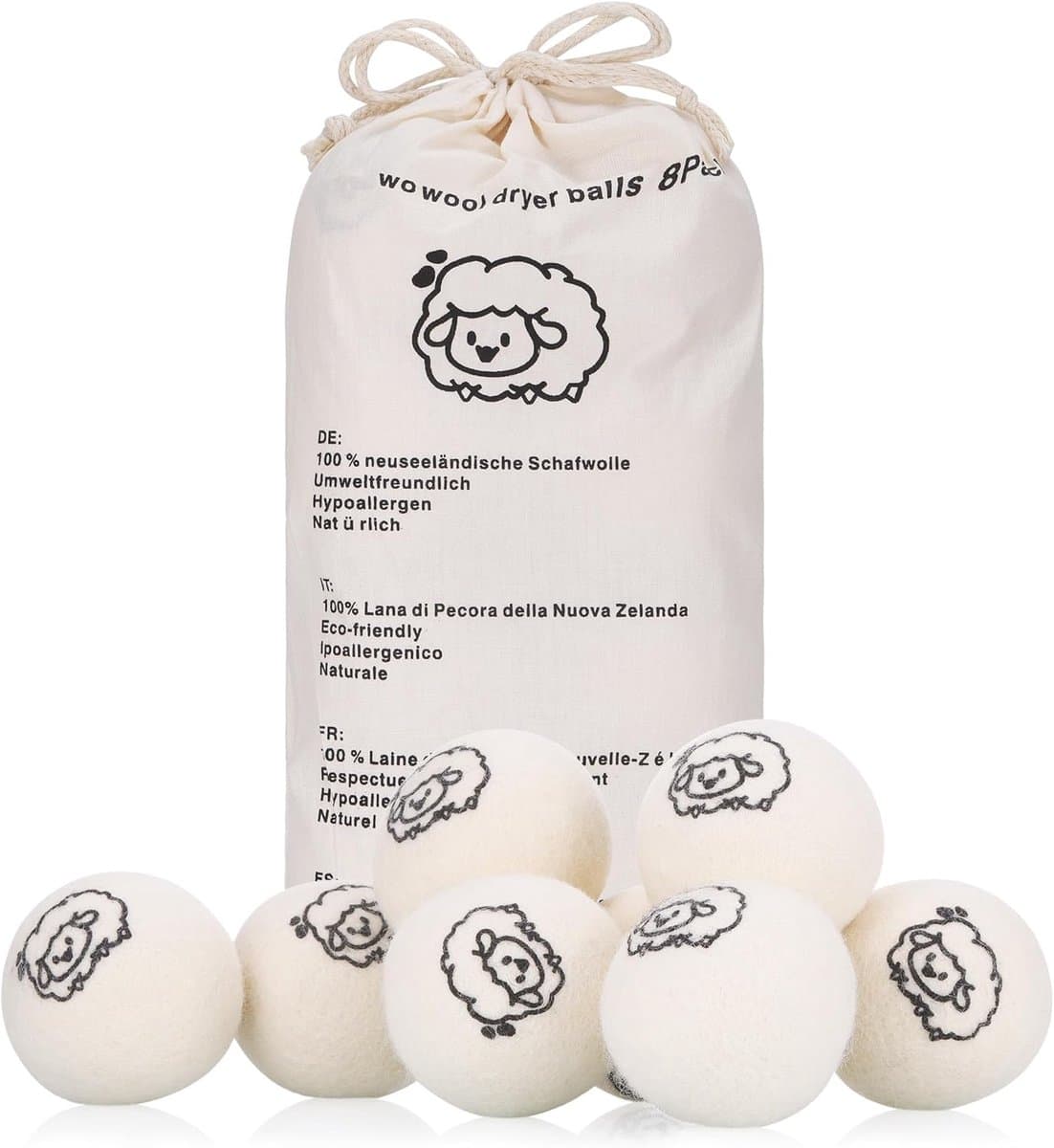 SnelShoppen - 8 Stuks Droogballen 8cm - 100% Natuurlijke Wol - Chemisch Vrij - Vermindert Kreukels en Droogtijd - Herbruikbaar en Ecologisch — afbeelding 1
