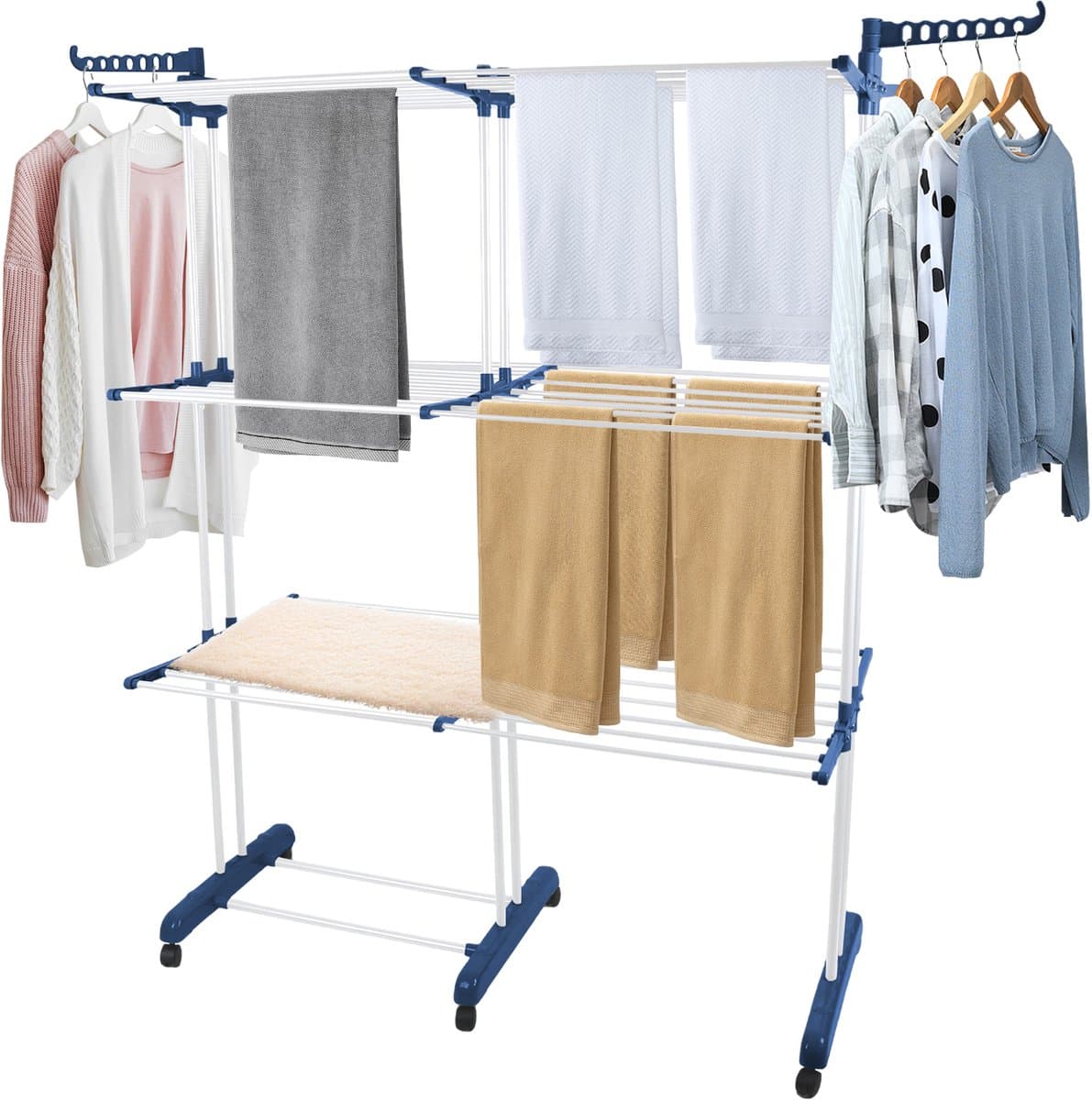 PIPIPOXER- Wasrek Inklapbaar-Droogrek-Staand Droogrek -Uitschuifbare Droogtoren – 3 Verdiepingen – 132 meter Drooglengte- Ruimtebesparend Wasrek -132x49x170 CM- Droogrek op Wielen - blauw en wit — afbeelding 1