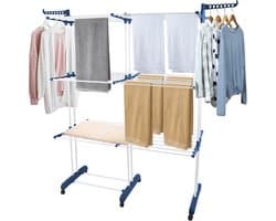 PIPIPOXER- Wasrek Inklapbaar-Droogrek-Staand Droogrek -Uitschuifbare Droogtoren – 3 Verdiepingen – 132 meter Drooglengte- Ruimtebesparend Wasrek -132x49x170 CM- Droogrek op Wielen - blauw en wit