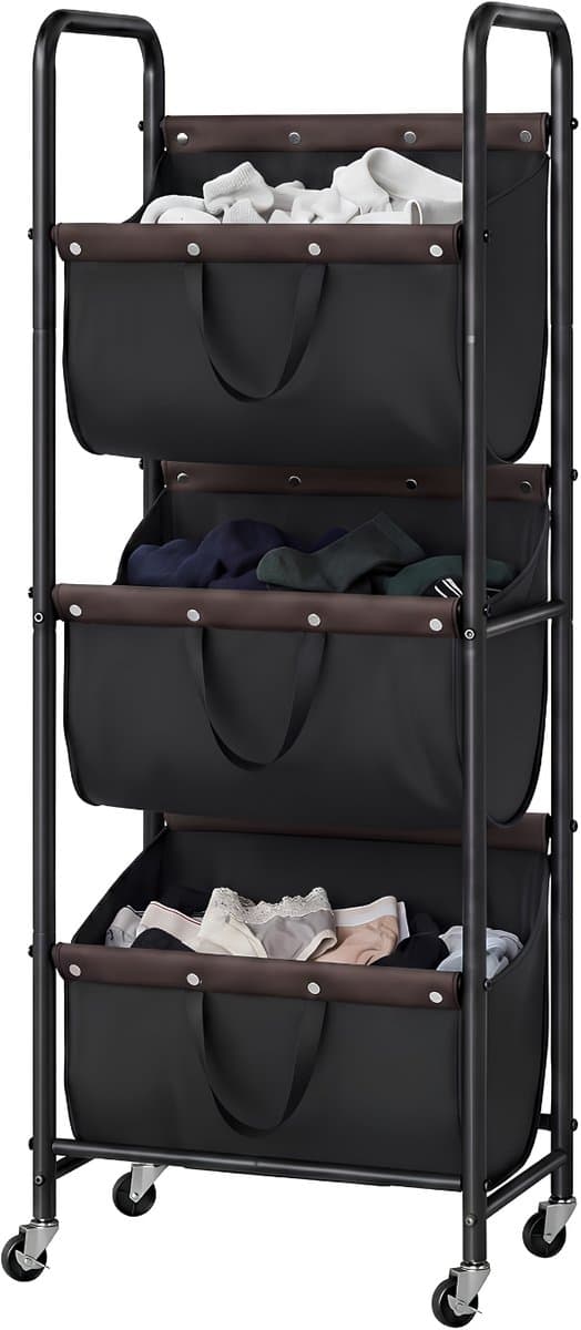 JCP® Wasmand - 120L - Wasmand 3 Vakken - Wasmanden - Zwart - 53cm x 33cm x 139cm — afbeelding 1