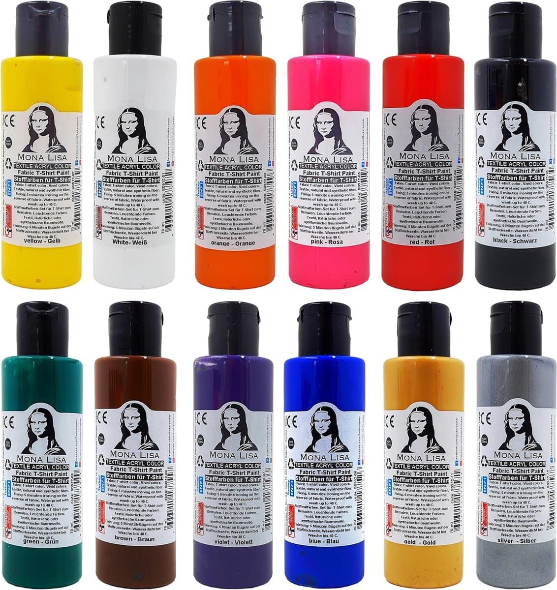 Textielverf Set van 12 levendige kleuren, elk 60 ml. Wasbare textielverf 10 kleuren + 2 metallic kleuren (goud en zilver) Machinewasbare textielverf 12 x 60 ml T-shirtkleuren — afbeelding 1