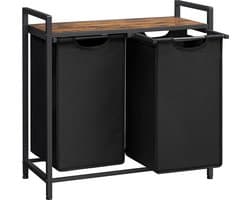 xDays Wasmand 2 vakken – uitschuifbaar met plank - 73 x 33 x 71 cm - wassorteerder - 88 liter verdeeld over 2 zakken – wasmanden zwart metaal en bruin hout