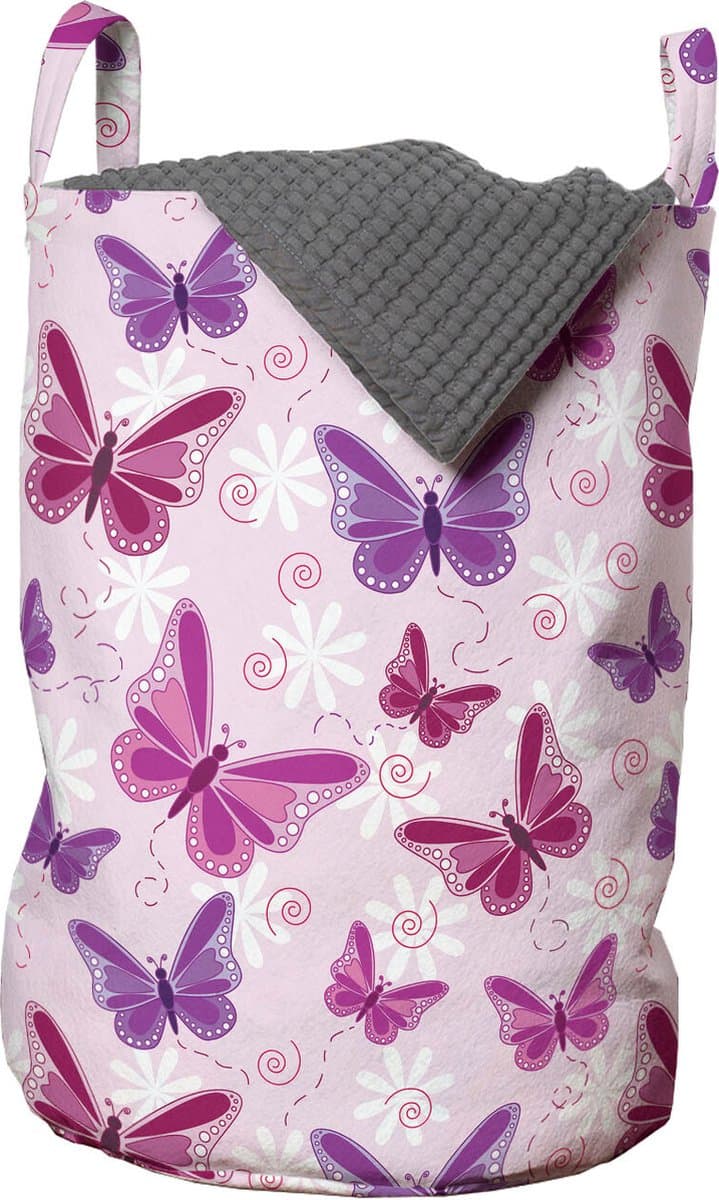 New Bed, Wasmand met Vlinders in Roze en Paars, Opbergmand meisjeskamer decor met Handvatten en Koordsluiting, Speelgoedmand kinderen - Speelgoedkist- Wasbox - 33 x 48 cm — afbeelding 1