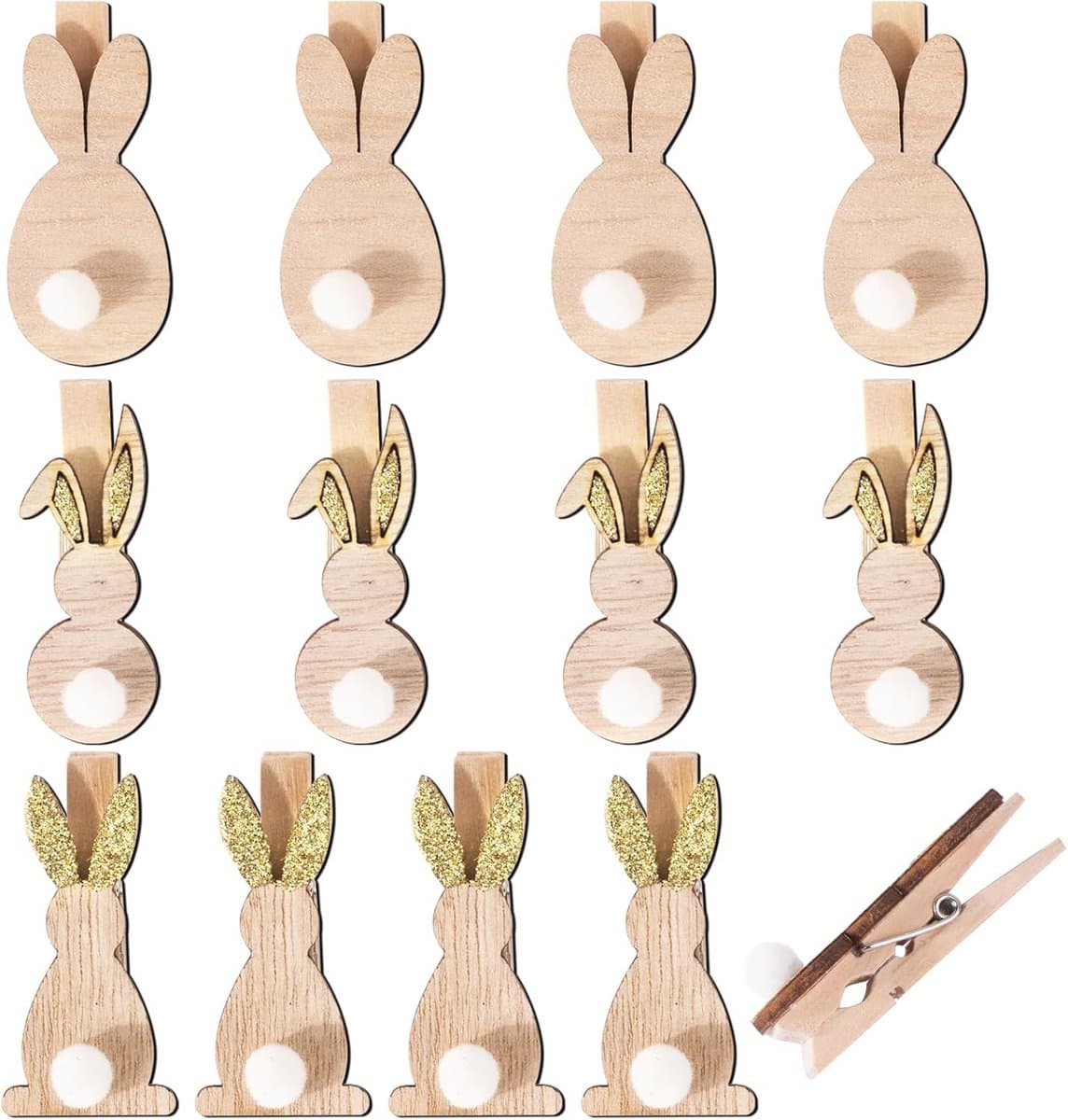 Decoratieve Wasknijpers voor Pasen - Houten Mini Paasknijpers met Pompons - 12 Stuks voor Feestelijke Decoratie — afbeelding 1