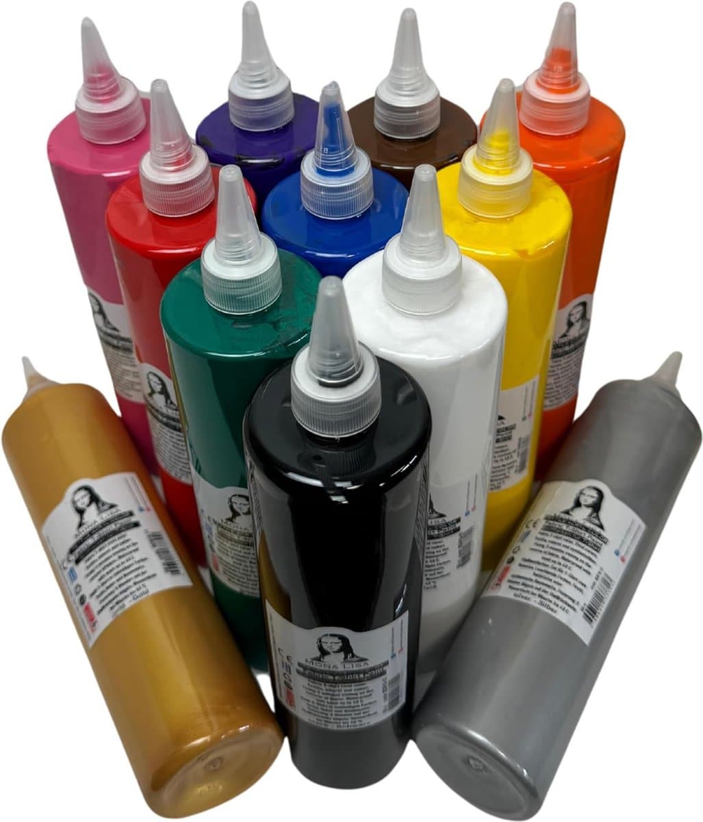Südor Textielverf set 12 x 500 ml. Wasbestendige textielverf voor lichte stoffen. Wasmachinebestendig, wasbestendig. Fixatie door strijken (Kleuren: wit, zwart, rood, blauw, geel, groen, roze, paars, goud, zilver,oranje,bruin) — afbeelding 1