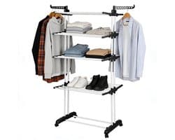 Linkforu - Verrijdbaar Kledingrek - Droogrek - Met 3 Opbergplanken - Wielen - Ruimtebesparend - 170CM - Multifunctioneel