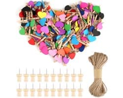 Mini houten haringen - Decoratieve clips - Fotowand decoreren - Hartvormig design - 100 stuks - 10 kleuren