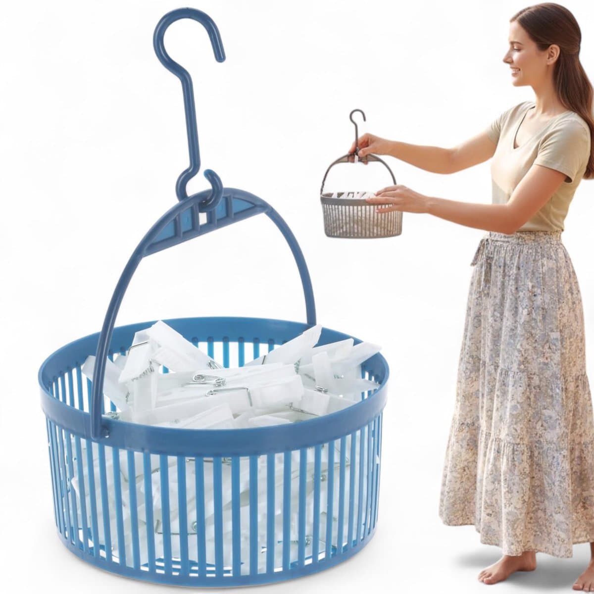 Dailygoods- Wasknijpermand met 50 kunststof klemmen - Ophanghaakjes - Diameter 17 cm - Diepte 14 cm - Blauw/grijs - Robuust en praktisch - Wasmand — afbeelding 1
