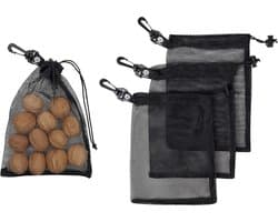 Mesh Trekkoord Tas - Opbergzakje - Spullen Verzamelen - Met Clip - Set van 4 - Zwart