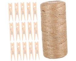 Houten Fotoclips - Wasknijpers Decoratie - Foto's Ophangen - Natuurlijk Jute Touw - 100 Stuks - Kaki