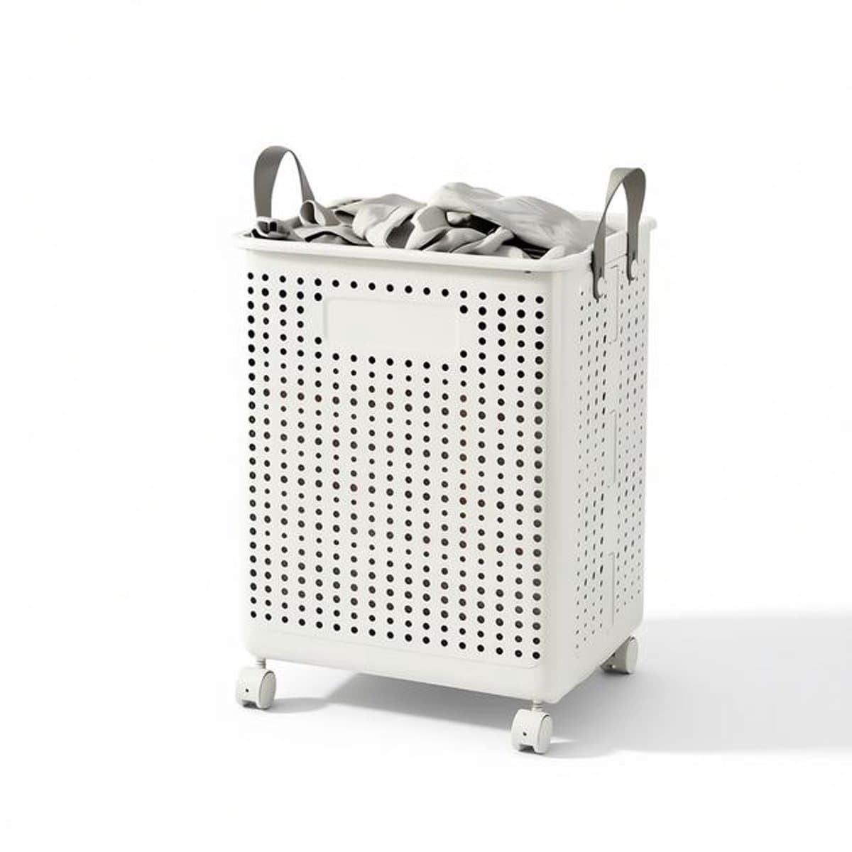 Grote Opvouwbare Wasmand op Wieltjes – Kunstleder – Effen – 55x36x37,7 cm – Melkwit. — afbeelding 1