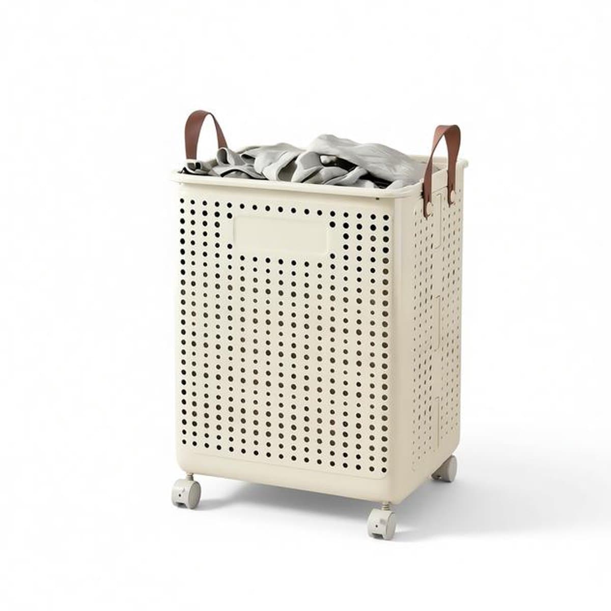 Grote Opvouwbare Wasmand op Wieltjes – Kunstleder – Effen – 55x36x37,7 cm -Melkgeel. — afbeelding 1