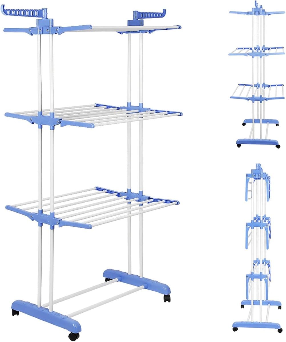 Droogrek Toren - Wastoren Opvouwbaar - Kleding Drogen - Ruimtebesparend Ontwerp - 4 Niveaus - Blauw Wit — afbeelding 1