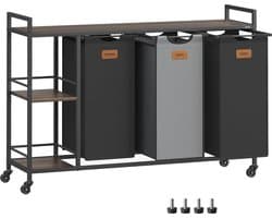 FurnStar Wasmand 3 Vakken – Wassorteerder 150L met Rollen en Planken – Afneembare Waszakken – 6 Etiketten – 117 x 33 x 80,5 cm – Kastanjebruin - Inktzwart & Duifgrijs