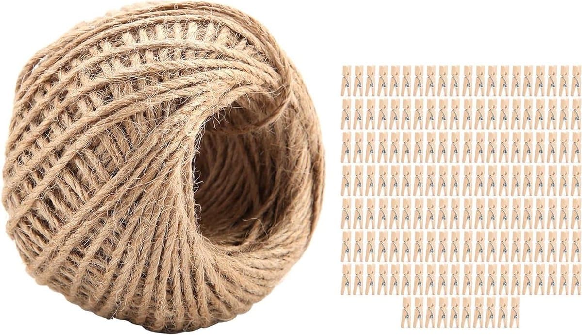Houten Wasknijpers - Knutselclips Decoratie - Was ophangen - Duurzaam Natuurlijk Materiaal - 250 Stuks Jute Touw - Natuurlijk Hout — afbeelding 1