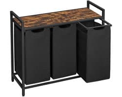 Amolass - Wasmand - Wassorteerder - 3 vakken - Wasmandmeubel - Met Bovenplank - 3x38L - 92,5 x 33 x 72 cm - Zwart - Modern