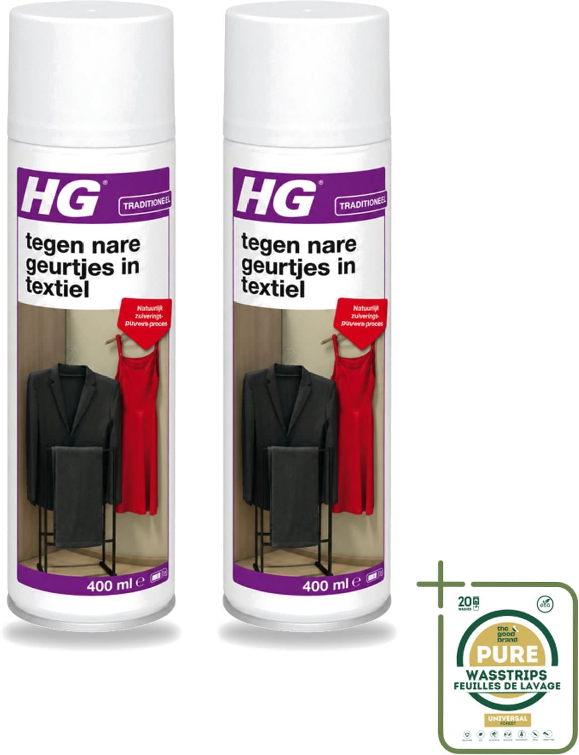 2 x HG - Tegen Nare Geurtjes In Textiel - Natuurlijk Zuiveringsproces - Veilig Voor Alle Textiel - 400 ml - Wasstrips - Geurverwijdering Textiel - Stankmoleculen Oplossen - Textiel Reinigen - Geur In Kleding - Geur In Gordijnen — afbeelding 1