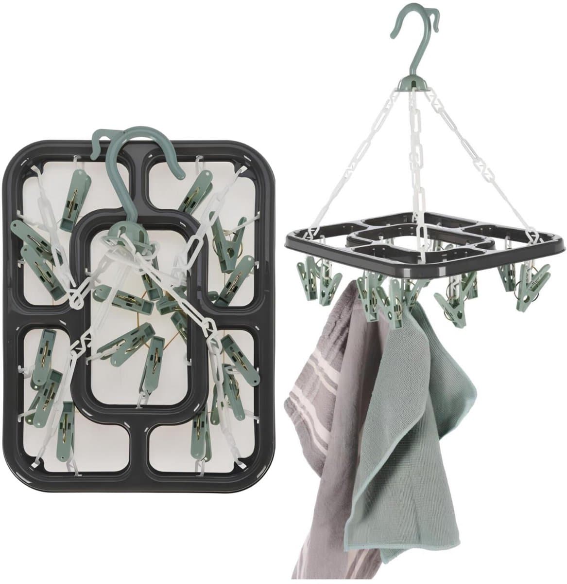 Storage Solutions Droogcarrousel / droogmolen - 2x - grijs / groen - met 18 knijpers - 24 x 31 cm - kunststof — afbeelding 1