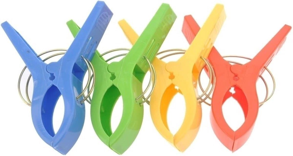 Grote knijpers - 4x stuks - gekleurd - 12 cm - plastic - XL - handdoeken/badlakens knijpers — afbeelding 1