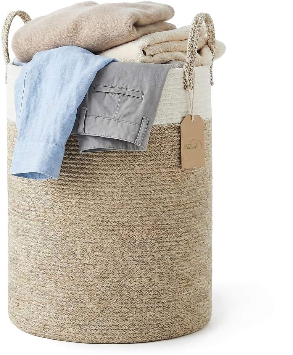 Omgoods - Wasmand van Touw - 58L, Bruin en Wit, Met Handvatten — afbeelding 1