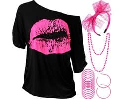 jaren 80 Kostuum Accessoires Set, Lips Print T-Shirt Kant Hoofdband Oorbellen Ketting Armband voor 80s Thema Party (Rose Red, S)