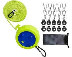 10m Retractable Portable Anti-Wrap Travel Clothesline Adjustable Camping Clothesline with 10 Fixed Buckles and 20 Clothespins (with Storage Bag)
