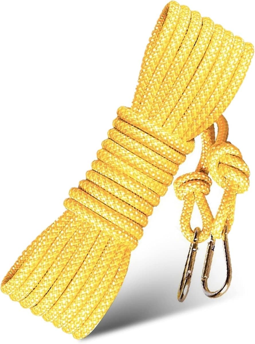 Waslijn, 15 m waslijn van zwaar nylon, gevlochten waslijn met een diameter van 8 mm, waslijn van polyester met 2 haken, antislip en kleurvast, geschikt voor buiten, tuin en kamperen. — afbeelding 1