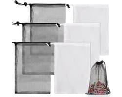 Allecto Plus - 6-delige Set Mesh Trekkoord Zakken voor Delicate Waszakken - Ideaal voor Reizen, Strand en Speelgoed - Zwart Wit - 30x20cm