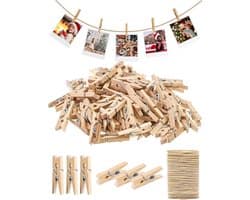 150x Houten Mini Wasknijpers met Jute Touw - Kleine Clips voor Foto's, Decoratie en Knutselen