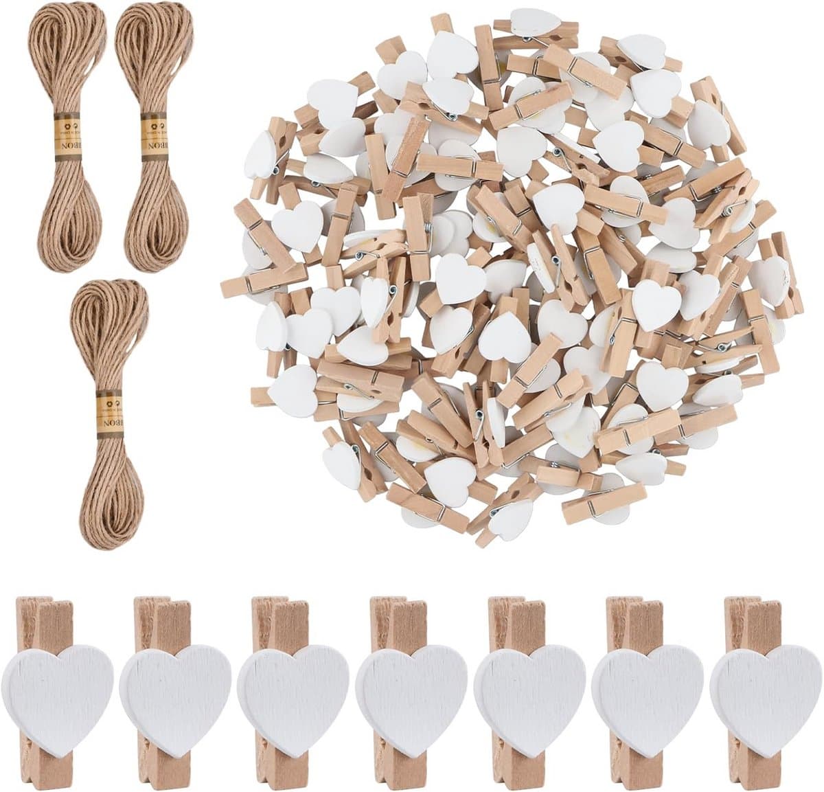 100 Mini Houten Hartvormige Kledinghangers voor Foto's en Knutselen met Jute Touw — afbeelding 1