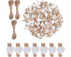 100 Mini Houten Hartvormige Kledinghangers voor Foto's en Knutselen met Jute Touw