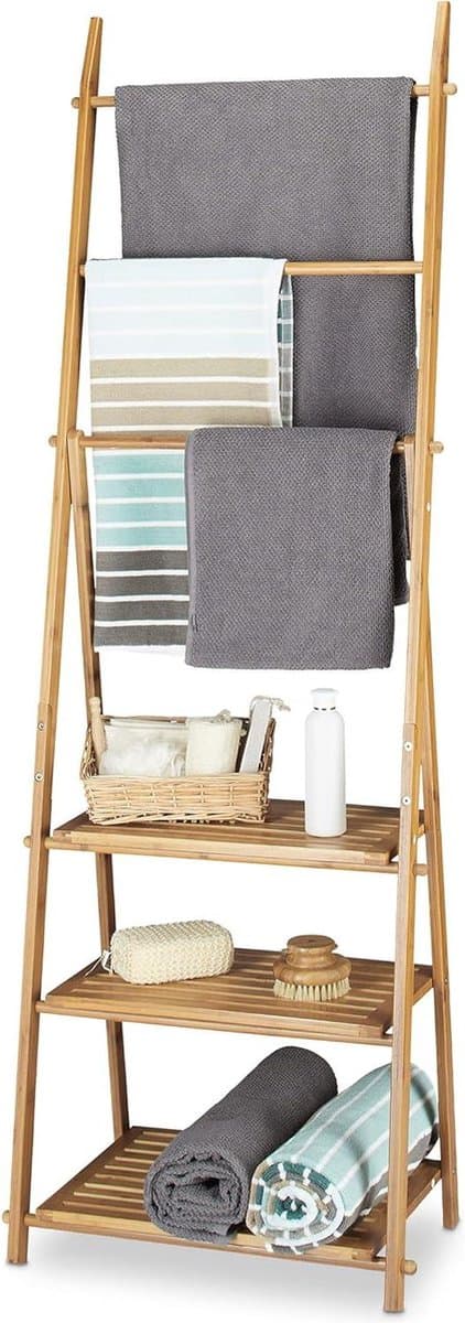 Inklapbaar bamboe handdoekrek badkamerrek - 3 planken 3 stangen 4 haakjes - HxBxD: 152x53x31 cm natuur Wasmachine rek — afbeelding 1