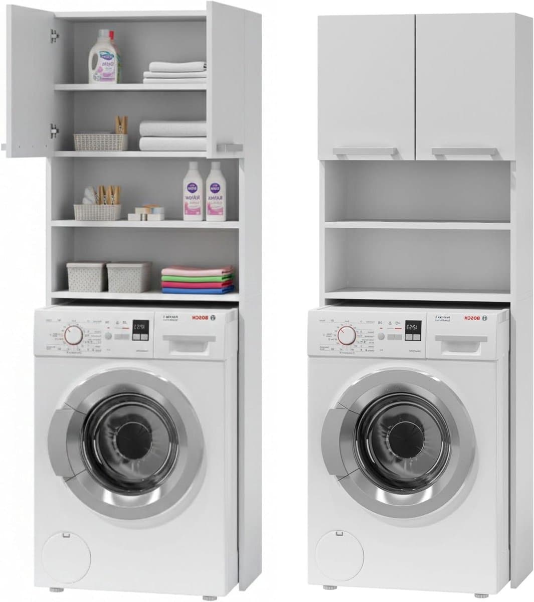 Home Collective Wasmachinekast, wit, hangkast, badkamerkast, hoge kast, badkamerrek, wasmachine droger kleine deuren 64 x 183 x 30 cm (B x H x D) — afbeelding 1