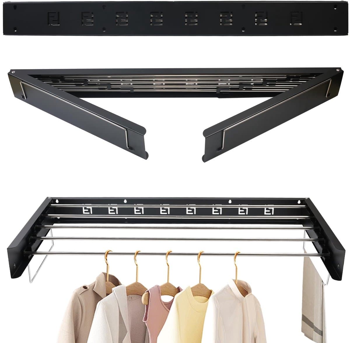 Dailygoody - Droogrek - Uittrekbaar - Ruimtebesparende wandmontage - Zwart - Wasdroger - Voor binnen en buiten - 80 cm — afbeelding 1