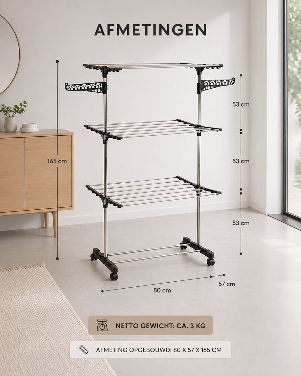 Droogtoren met 3 Niveaus – Inklapbaar Droogrek – Verrijdbaar met Wielen – 17 Meter Drooglengte – Compact Wasrek — afbeelding 1
