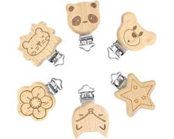 Fopspeenclip, 6 stuks, houten dieren, clips, accessoires, fopspeenclip, hout, speen clip voor baby en kinderen, babyfopspeen clips