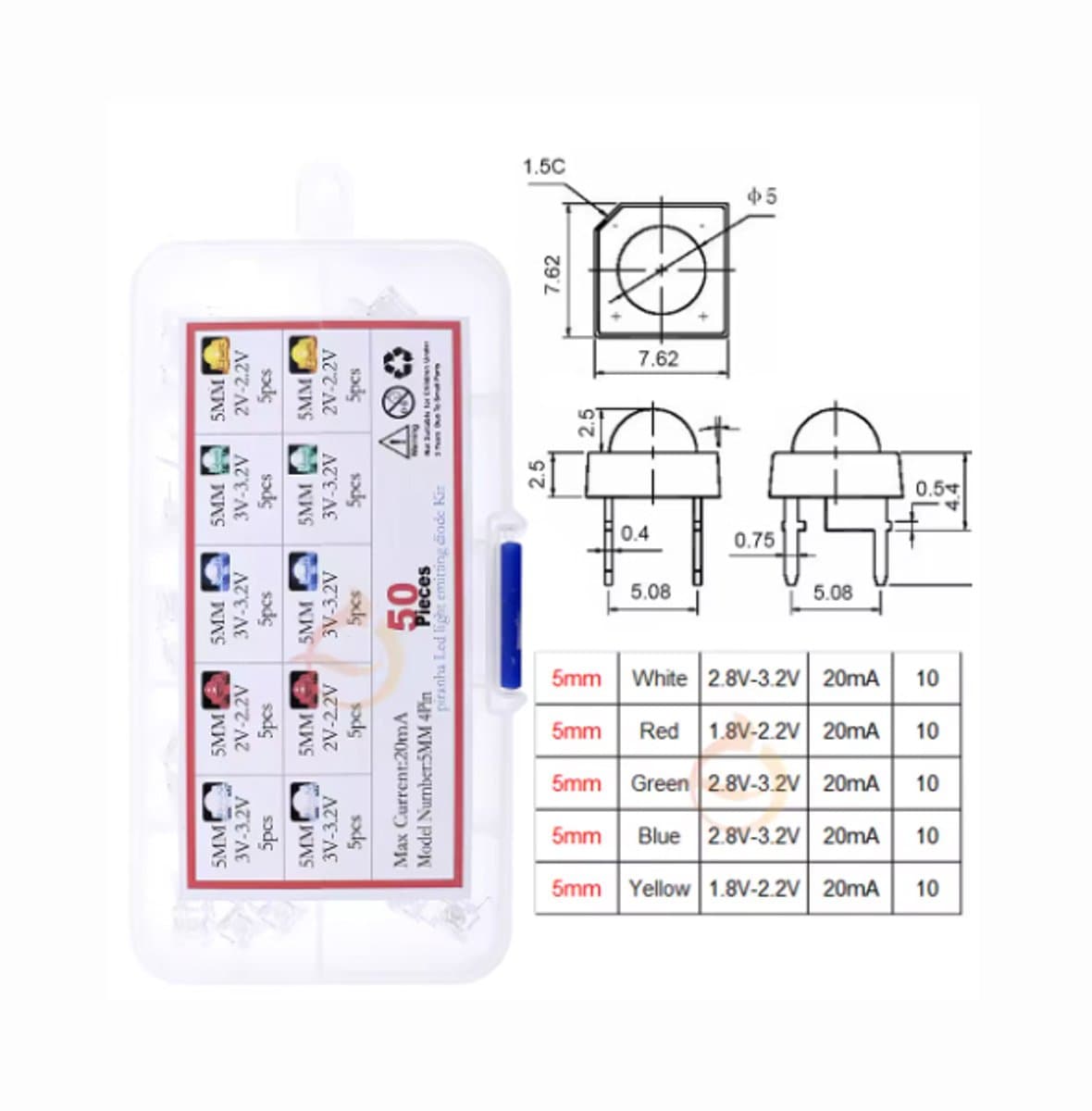 5mm Piranha LED Assortimentsset – 50 Stuks (Wit, Rood, Groen, Blauw, Geel) – Vierkante LED — afbeelding 1