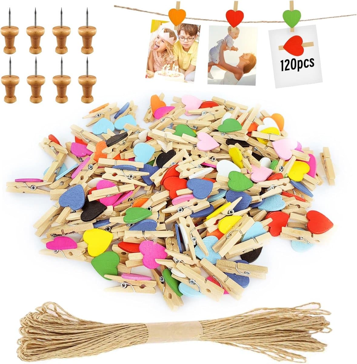 120 Stuks Mini-Houten Klemmen, Klein Hart, Mini-Wasknijpers, Bruiloft, Kleine Houten Knijpers Voor Polaroid Foto'S Met 10 M Jute Koord, Doe-Het-Zelf Voor Fotowand, Display, Feest (Kleur) — afbeelding 1