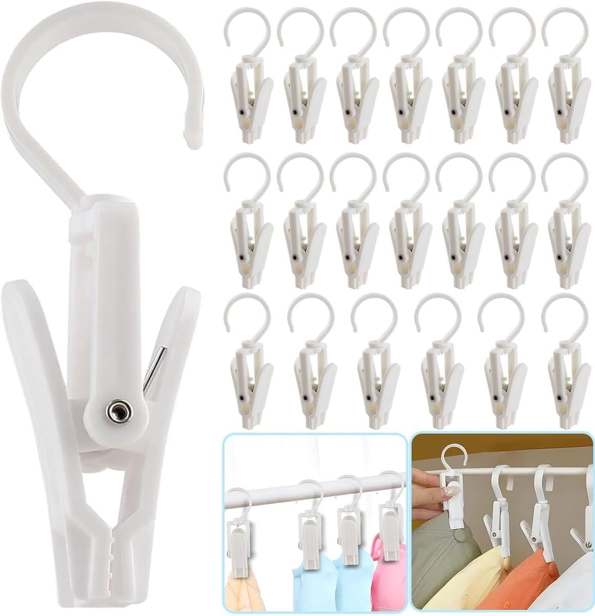 Set van 20 washaakjes met clips – Washaakjes met klem – Ophanghaken – Opbergclips voor de kast – Kunststof – Wit — afbeelding 1