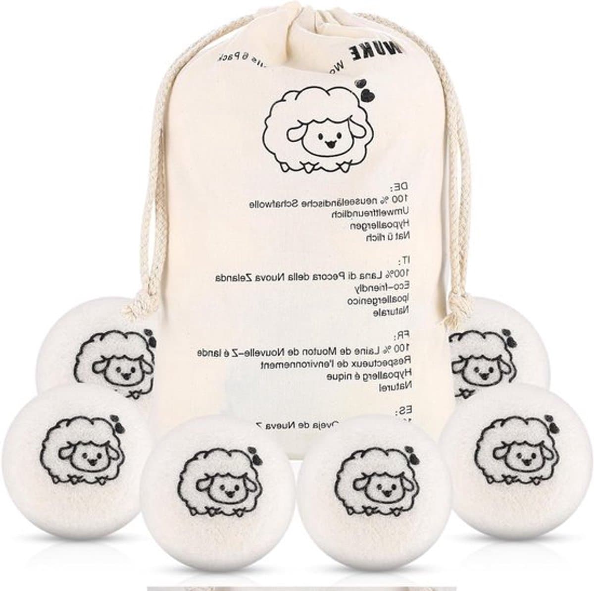 Drogerballen van 100% pure schapenwol voor wasdroger, natuurlijke wasverzachter, antistatisch - Set van 6 met opbergtas — afbeelding 1