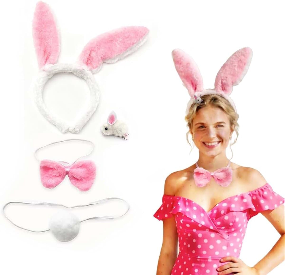 Konijnenoren en staart, pluche konijnenhoofdbandaccessoire, konijnenhoofdband voor dames voor Pasen, kinderen en volwassenen, cosplay, feest, carnaval — afbeelding 1