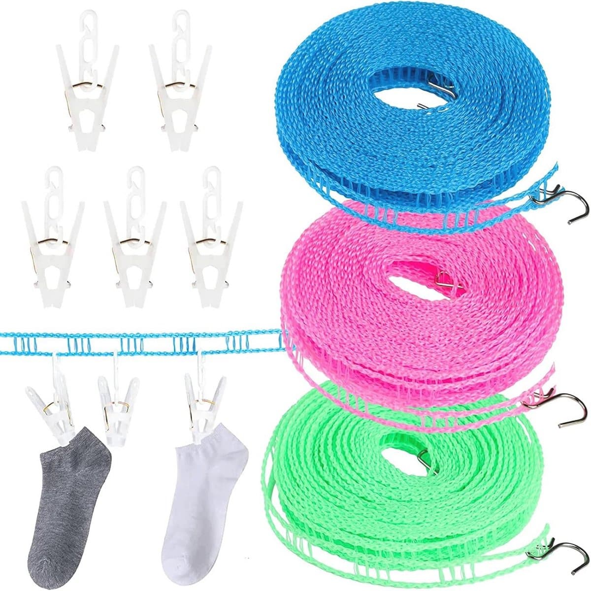 Draagbare Winddichte Nylon Waslijn - 3 Stuks 8m met Antislip Pins voor Binnen en Buiten — afbeelding 1