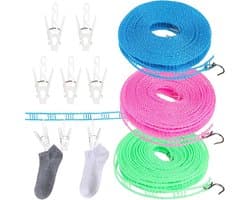 Draagbare Winddichte Nylon Waslijn - 3 Stuks 8m met Antislip Pins voor Binnen en Buiten